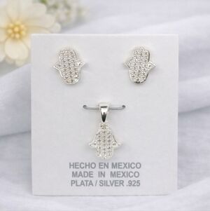 925 Sterling Silver Hamsa Hand Jewelry Set Pendant Necklace & CZ Stud Earrings